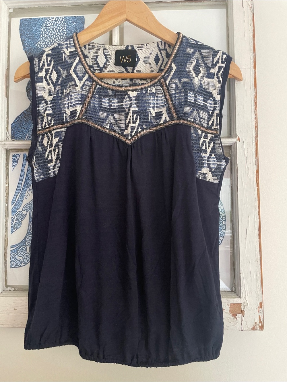 W5 Navy Patterned Embroidered Yoke Tank